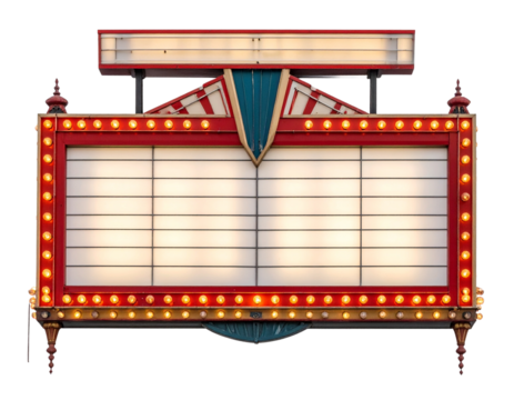 Front View of Vintage Movie Theater Marquee, Illuminated Letters, Isolated on Transparent Background