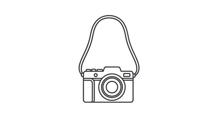 Minimalist line art illustration of a retro photo camera with a neck strap.