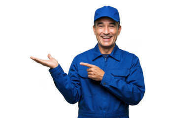 Smiling man in blue uniform pointing isolated on transparent background