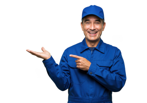 Smiling man in blue uniform pointing isolated on transparent background