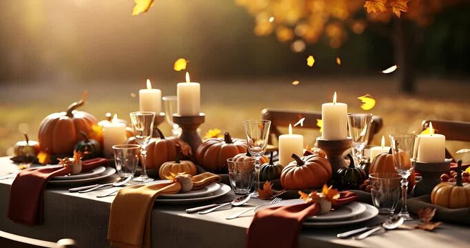 Festive Autumn Table Setting with Falling Leaves and Lit Candles
