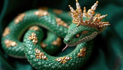 Fototapeta premium Green snake with ornate gold crown covered in gems coiled on silk fabric. Reptile has detailed scales and gold adornments. Luxurious animal fantasy.