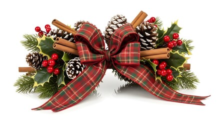 Festive Christmas arrangement with red tartan plaid bow, pine cones, holly, and cinnamon sticks isolated