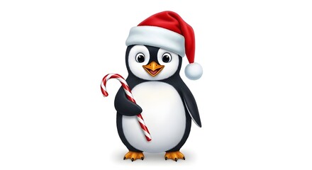 Naklejka premium Cute Cartoon Penguin Wearing Santa Hat Holding Candy Cane