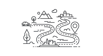 Winding Road Journey Through Mountains and Cities with Navigation Pin.