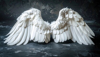 Obraz premium Dramatic White Angel Wings Spread Against a Dark Textured Background with Soft Lighting Creating a Spiritual Atmosphere with Delicate Feather Details