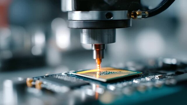 Industrial robotic system manufacturing microprocessors on advanced circuit board, close-up of automated high-tech process microprocessor, robotics, semiconductor