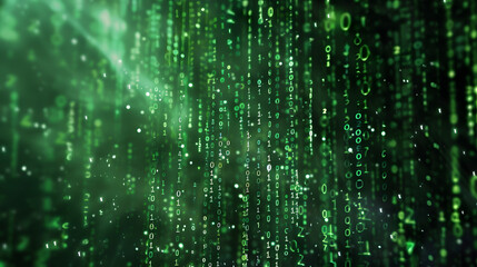 Abstract green digital rain effect with glowing particles and bokeh lights