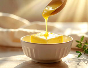 Fresh melted butter being poured into a small white bowl