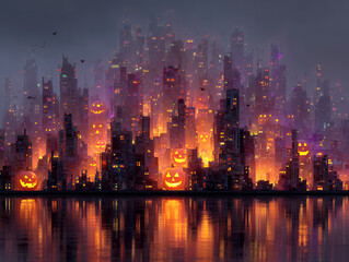 Fototapeta premium halloween city skyline with pumpkin lights