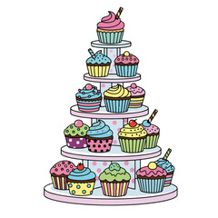 Cute Handdrawn Stacked Cupcake Tower Sweet Dessert Illustration