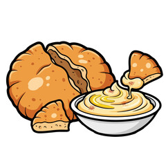 Cartoon Style Pita Bread with Hummus Bowl Illustration for Food Menu