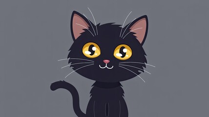 A charming black cat illustration with expressive yellow eyes, whiskers, and a cute pink nose, set against a neutral gray background in a cartoon style design.