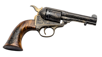 Vintage six shooter handgun with ornate designs and wooden grip