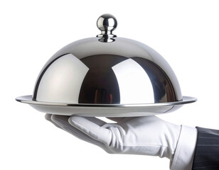 Front View of White-Gloved Hand Holding Silver Dome Serving Tray on White Plate, Isolated on Transparent Background