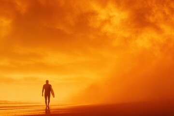 Sunset Surfer's Silhouette: A lone surfer walks toward the ocean with a surfboard in hand during a stunning sunset, the silhouette highlighting the beauty and serenity of the beach. 