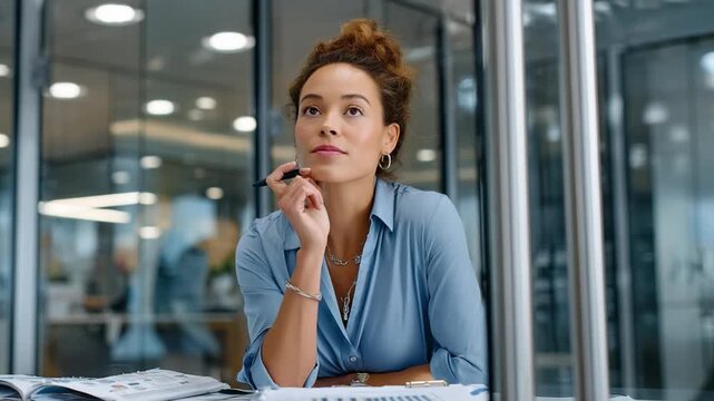 Focused and Determined: A composed individual, immersed in deep thought with a pen to her lips, pondering the intricacies of her work with astute focus.
