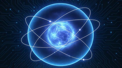 A stunning blue atomic model surrounded by digital circuits, symbolizing the fusion of technology and scientific advancement. - Powered by Adobe