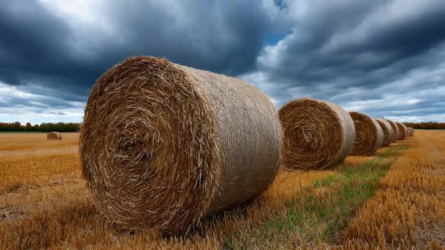 Golden Hay Bales: Capturing a dramatic rural scene, cylindrical hay bales rest in a golden field under a foreboding sky, presenting a timeless image of harvest time.