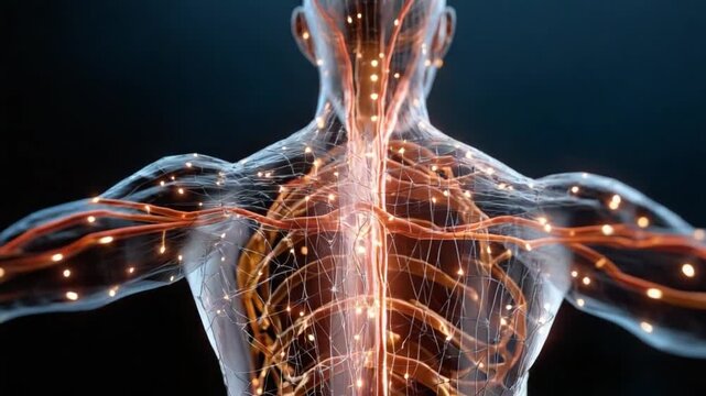 Human Nervous System: A detailed, glowing illustration of the human nervous system, showcasing the intricate network of neurons and pathways that enable thought and movement.