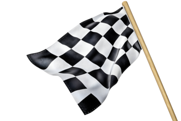 Classic black and white checkered flag waving on wooden pole for racing theme designs