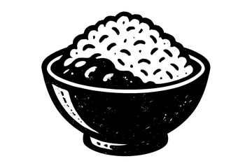 Classic Black and White Woodcut Style Illustration of a Generous Bowl of Steaming White Rice, a Timeless Staple Food, Perfect for Traditional Asian Cuisine or as a Comforting Side Dish. Simple, Rustic