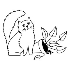 Whimsical White Fluffy Cat Sitting Beside Knocked Over Plant Pot With Spilled Soil And Leaves In Simple Line Art Style On Transparent Background