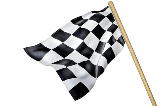 Classic black and white checkered flag waving on wooden pole for racing theme designs