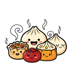 Cute Cartoon Illustration of Various Dumpling Variety Delicious Asian Food