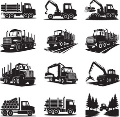Black and white logging truck vector illustrations for design elements
