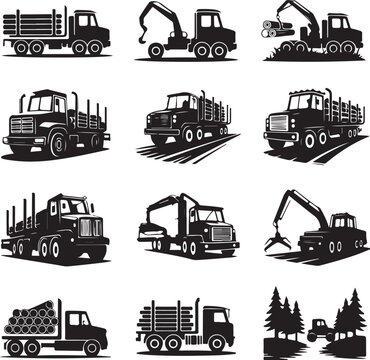 Black and white logging truck vector illustrations for design elements