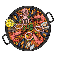 Detailed Line Art Seafood Paella Dish Illustration Overhead Food Cuisine