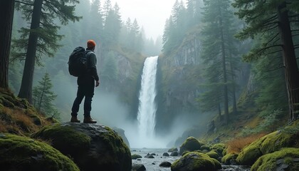 Obraz premium Man with backpack stands on mossy rock near waterfall in misty conifer forest. Hiker observes nature, flowing water cascades down cliff face in green woodland. Outdoor adventure scene.