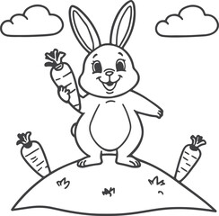 Obraz premium happy children chubby rabbit standing on a small grassy mound, holding a large carrot. rabbit design for children book
