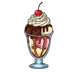 Colorful Handdrawn Detailed Ice Cream Sundae Dessert with Cherry Illustration