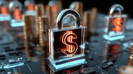 Financial Security Fortress: A shining padlock emblazoned with a dollar sign stands sentinel, safeguarding stacks of coins on a technological circuit board.