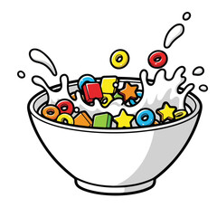 Handdrawn Colorful Cereal and Milk Splash in Bowl Breakfast Food