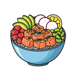 Handdrawn Detailed Poke Bowl with Fresh Ingredients Culinary Illustration