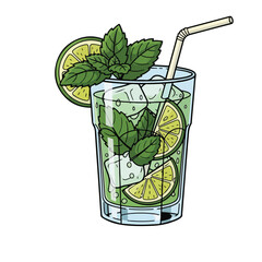 Colorful Handdrawn Mojito Drink Illustration with Lime and Mint in Glass
