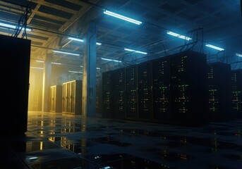 Dimly lit server room with rows of glowing computer racks and blue neon lights reflecting on a wet, metallic floor