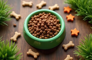 Green bowl full of brown dry kibble. Bone and star shaped treats scattered around on a wooden surface with green grass accents. High quality pet nutrition.