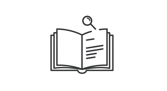 Open book with magnifying glass icon representing research and knowledge.