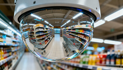 Security camera dome reflecting supermarket aisles with empty shopping carts surrounded by colorful product shelves and fluorescent lighting