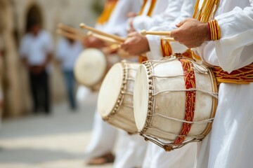 Fototapeta premium Rhythmic Tradition: A close-up shot captures a group of musicians, engrossed in the rhythmic act of playing traditional drums, their skilled hands and instruments.