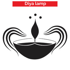 Black and white vector illustration of a traditional Diya oil lamp with decorative patterns, flame, and stars for Diwali celebrations.