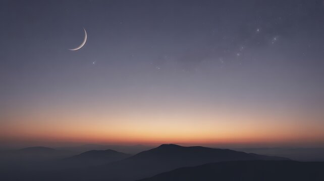 Crescent moon hangs in twilight sky over silhouetted mountain ranges dusk
