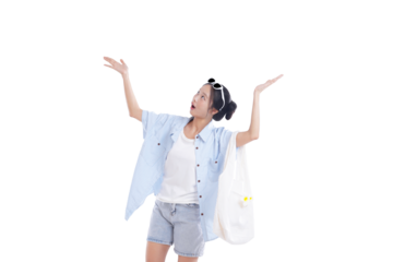 Dreamy Wonder: A Young Woman gazes skyward with a sense of wonder, her arms raised in a gesture of awe or anticipation. This photo radiates curiosity and optimism