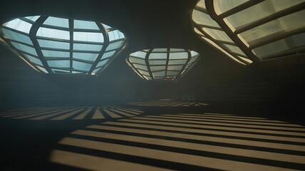 Futuristic interior with curved windows and geometric light patterns on the floor architecture