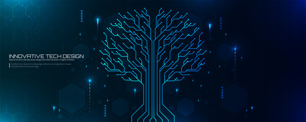 Abstract futuristic technology tree with glowing blue circuit lines symbolizing innovation, artificial intelligence, digital growth, data network, and cyber connection concept.