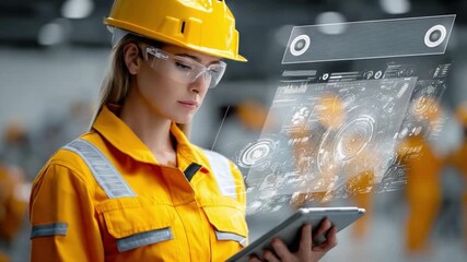 Empowered Woman Engineer: A focused female engineer, adorned in safety attire, analyzes intricate digital data on a tablet.